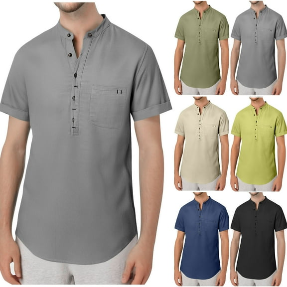 Summer Fashion Plus Size Tops for Men Cotton Linen Solid Color Casual Button Round Neck Pockets Short Sleeve T-shirt Top