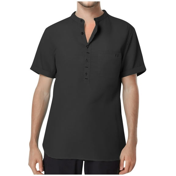 Summer Fashion Plus Size Tops for Men Cotton Linen Solid Color Casual Button Round Neck Pockets Short Sleeve T-shirt Top