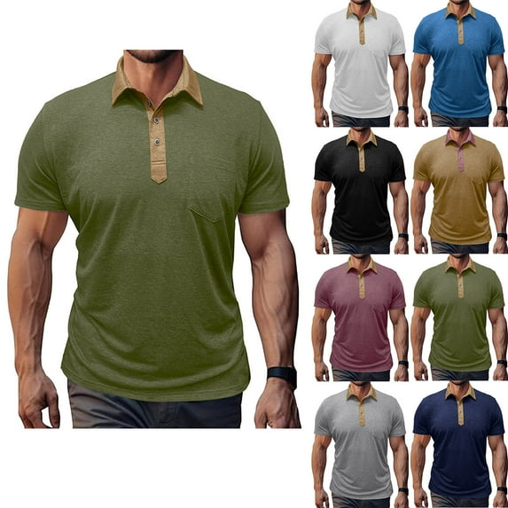 Summer Fashion Plus Size Tops for Men Versatile Solid Color Pocket Button Turndown T-shirt Top