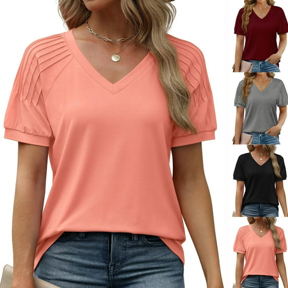 Summer Fashion Plus Size Tops for Womens 2025 Casual Solid Color V-Neck Pullover Short Sleeved Top