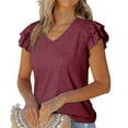 thumbnail image 1 of Summer Fashion Plus Size Tops for Womens 2025 Casual Solid Short Sleeve Fold Lacework Sleeve V-neck T-shrit Top Blouse, 1 of 3