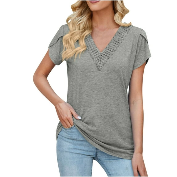 Summer Fashion Plus Size Tops for Womens 2025 Casual V-Neck Sleeve Patchwork Solid Color Loose T-Shirt Top