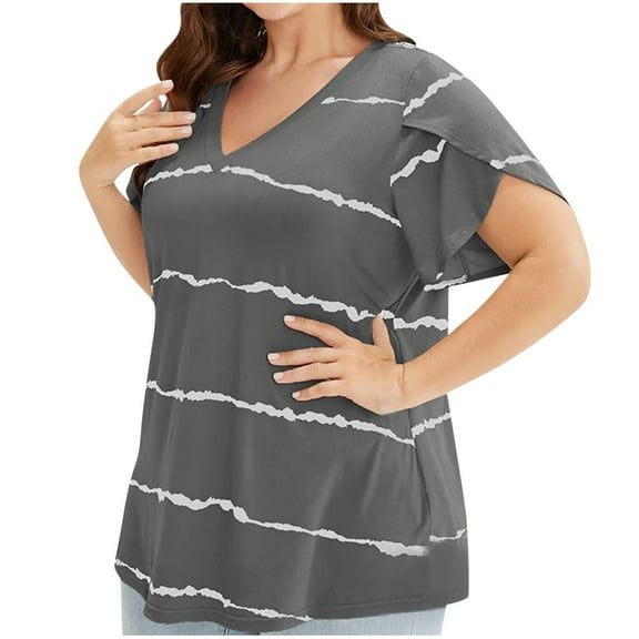Summer Fashion Plus Size Tops for Womens 2025 Large Leaf Sleeve Printed Short Sleeved V-Neck Top