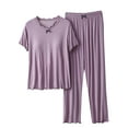 thumbnail image 1 of Summer Fashion Plus Size Two Piece Sets for Women Going Out Trendy Clothes 2025 Blouse Plain Casual Round-Neck Regular Short Sleeve Sleepwear Sets Up to 65% off!, 1 of 4