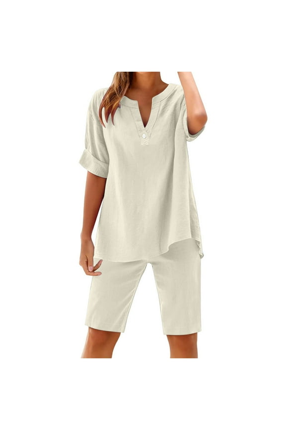 Summer Fashion Plus Size Two Piece Sets for Women Going Out Trendy Clothes 2026 Cotton And Linen Shorts Pants V-Neck Short Sleeve Shirt Set Casual Sets For Women Clothing Two Piece