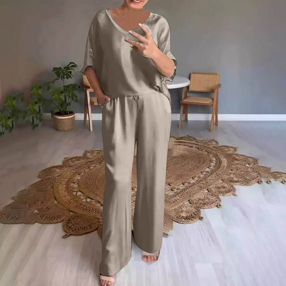 Summer Fashion Plus Size Two Piece Sets for Women Going Out Trendy Clothes 2025 Solid Color Round Neck Short Sleeve And Pants Sets With Pockets