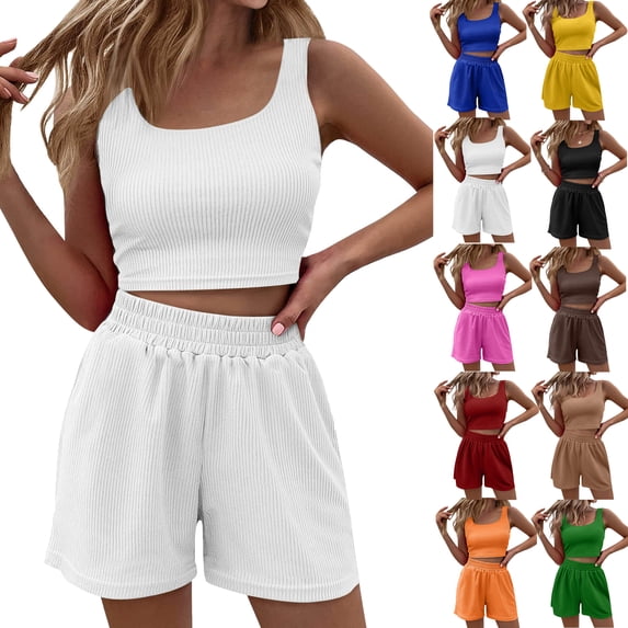 Summer Fashion Plus Size Two Piece Sets for Women Going Out Trendy Clothes 2025 Solid Tank Top Shorts Casual Home Set Up to 65% off!