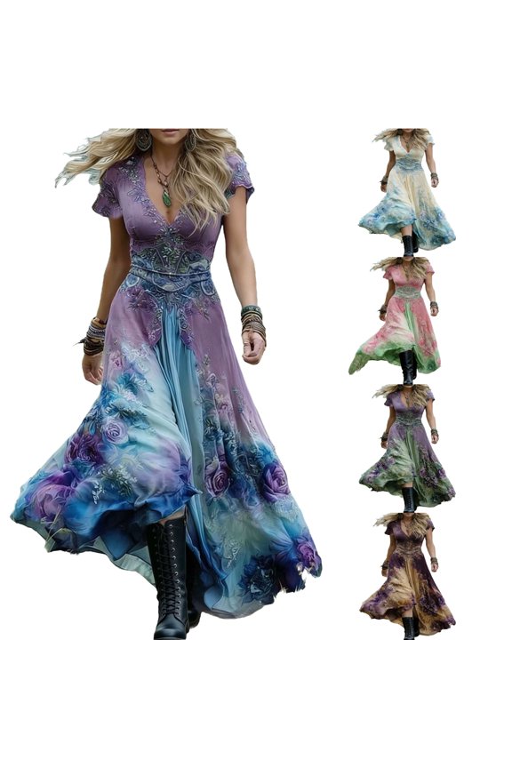 Summer Fashion Plus Size Women's V-Neck Short Sleeve Bohemian Floral Print Flowy Dress Summer Beach Boho Midi Dress