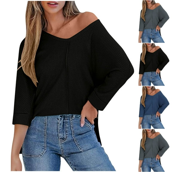 Summer Fashion Plus Size Womens 3/4 Sleeve Tops Trendy Clothes 2025 Casual Solid Color Back With Patch V Neck Pullover Up to 65% off!