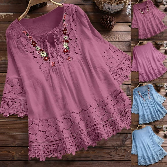 Summer Fashion Plus Size Womens 3/4 Sleeve Tops Trendy Clothes 2025 Casual V-Neck Bandage Short Sleeve Blouse Up to 65% off!