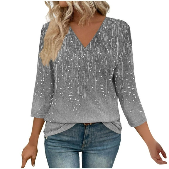 Summer Fashion Plus Size Womens 3/4 Sleeve Tops Trendy Clothes 2025 Print Blouse V- Neck Casual Up to 65% off!