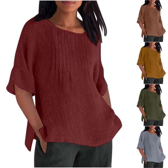 Summer Fashion Plus Size Womens 3/4 Sleeve Tops Trendy Clothes 2025 Solid Color Crewneck Loose Blouse Casual Work Up to 65% off!
