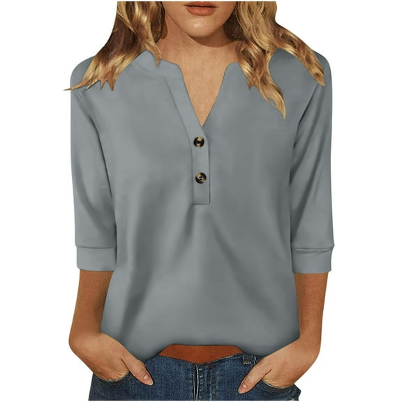 Summer Fashion Plus Size Womens 3/4 Sleeve Tops Trendy Clothes 2025 Tees Casual V-Neck Buttons Solid Loose Blouses Up to 65% off!