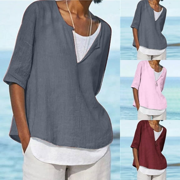 Summer Fashion Plus Size Womens 3/4 Sleeve Tops Trendy Clothes 2025 V-Neck Casual Blouse Up to 65% off!