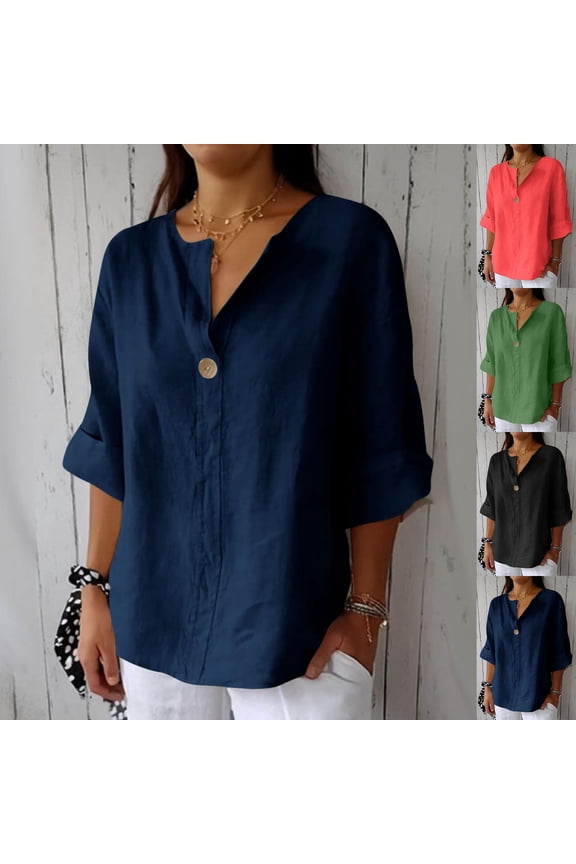 Summer Fashion Plus Size Womens 3/4 Sleeve Tops Trendy Clothes 2025 V Neck Leisure Up to 65% off!