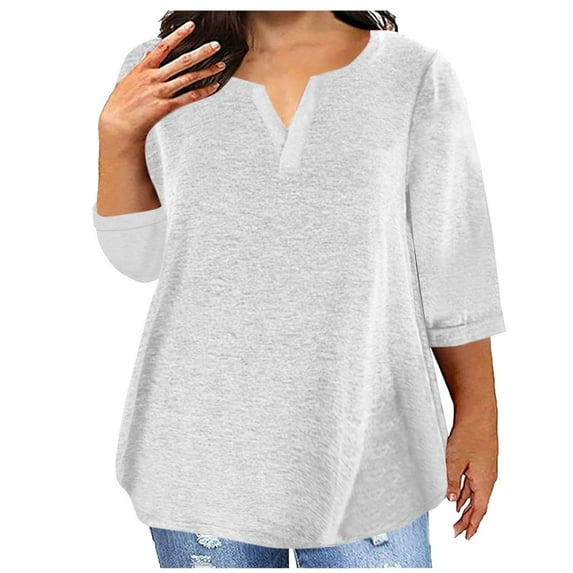 Summer Fashion Plus Size Womens 3/4 Sleeve Tops Trendy Clothes 2025 V-neck Solid Color Up to 65% off!