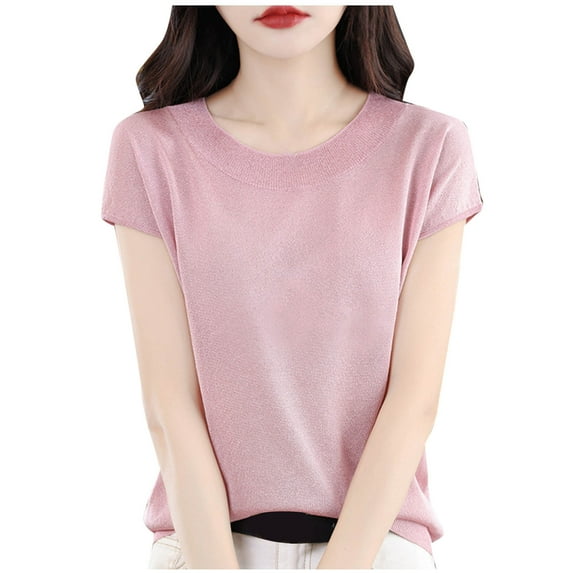 Summer Fashion Plus Size Womens Casual Solid Color Knit Short Sleeve Round-Neck Blouses Shirts