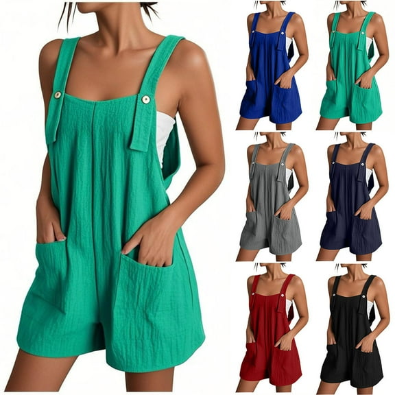 Summer Fashion Plus Size Womens Jumpsuit Trendy Clothes 2025 Button's Solid Casual Sleeveless Suspender Short Wide-leg Up to 65% off!