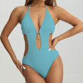thumbnail image 1 of Summer Tummy Control One Piece Swimsuits For Women Solid Color V-neck Suspenders Backless Blue Cute Swimsuits∣XL, 1 of 4