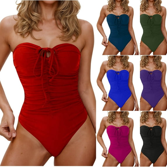 Summer Fashion Plus Size plus size swimsuit for women Trendy Clothes 2025 Solid Color Sexy Frenum Tube Top Backless Bikinis Up to 65% off!