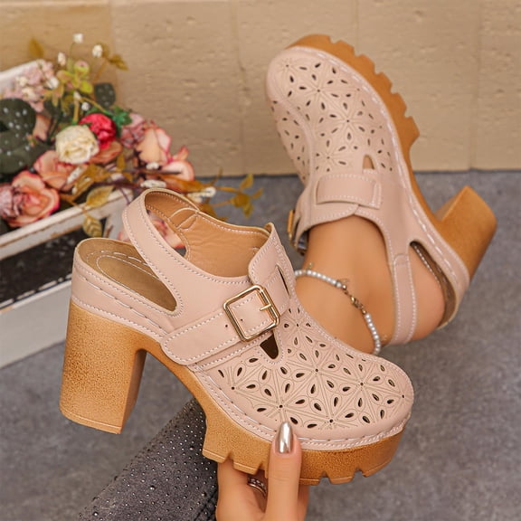Summer Fashion Sandals For Women Casual Solid Color Closed-Toe High Heels Beach Sandals Khaki∣ Size 7.5