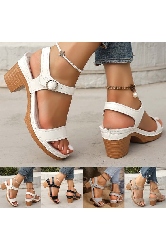 Summer Fashion Sandals For Women Casual Solid Color Heel Strappy Sandals High Heels Shoes Sandals For Women White∣ Size 7.5