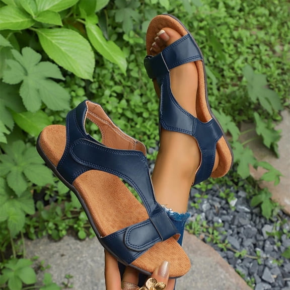 Summer Fashion Sandals For Women Casual Solid Color Peep-Toe Versatile Shallow Mouth Flat Flats For Women Dark Blue∣ Size 7.5