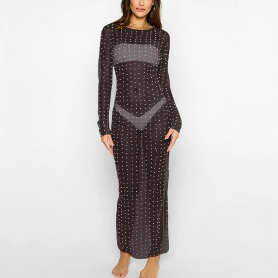 Summer Fashion Savings AXXD Black Cover Up Women Sexy Pearls Dress Cover Up Sheer Summer Beach Bikni Long Sleeve Hollow Out Mesh Long Maxi Dress