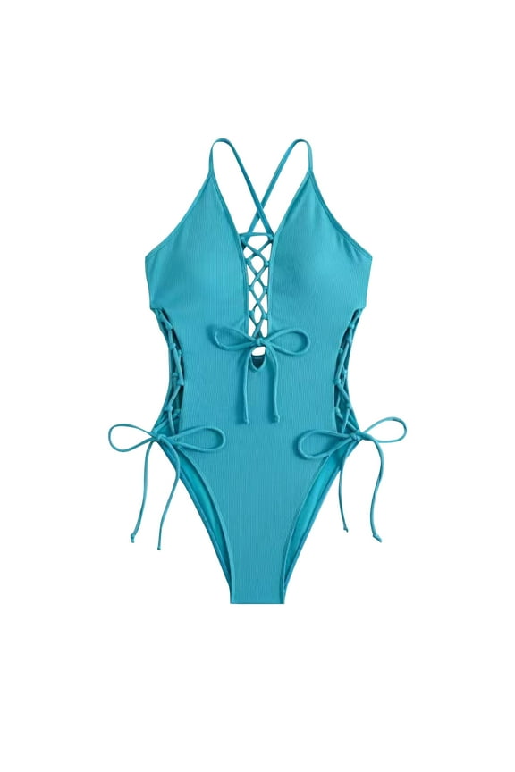 Summer Fashion Sawvnm Women's Solid Color Fashion Sexy Adjustable Suspenders Backless Bikinis Blue XL