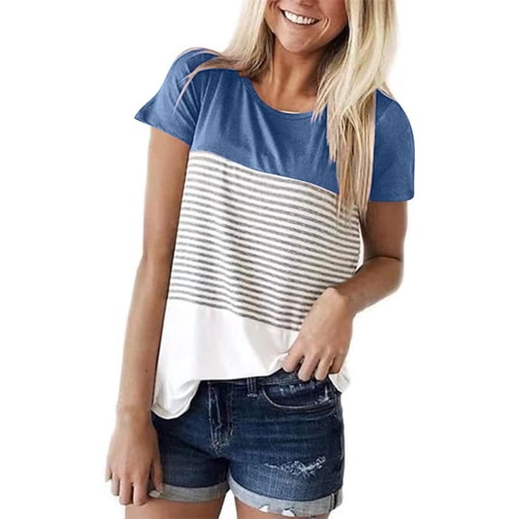 Summer Fashion Shirts for Womens Plus Size Contrasting Striped Printed Short Sleeved Round Neck Pullover Top