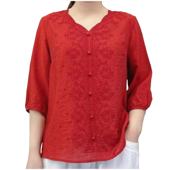 Summer Fashion Shirts for Womens Plus Size Embroidered Round Neck Five Quarter Sleeved Short Sleeved