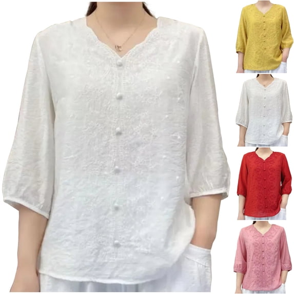 Summer Fashion Shirts for Womens Plus Size Embroidered Round Neck Five Quarter Sleeved Short Sleeved