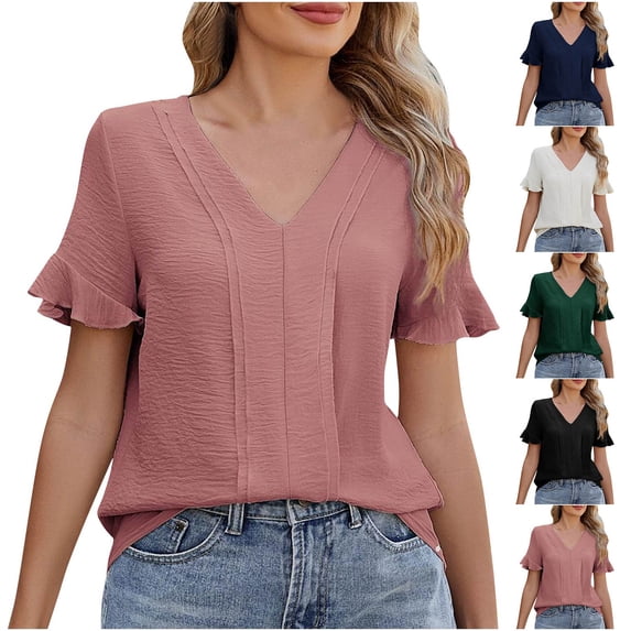 Summer Fashion Shirts for Womens Plus Size Short Sleeve V-neck Lace Sleeve Solid Color Casual T-shirt
