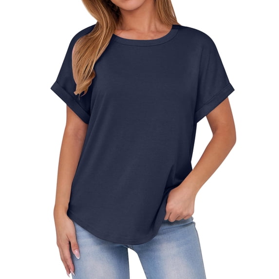 Summer Fashion Shirts for Womens Plus Size Solid Color Casual Bate Sleeve Round Neck Short Sleeved T-Shirts