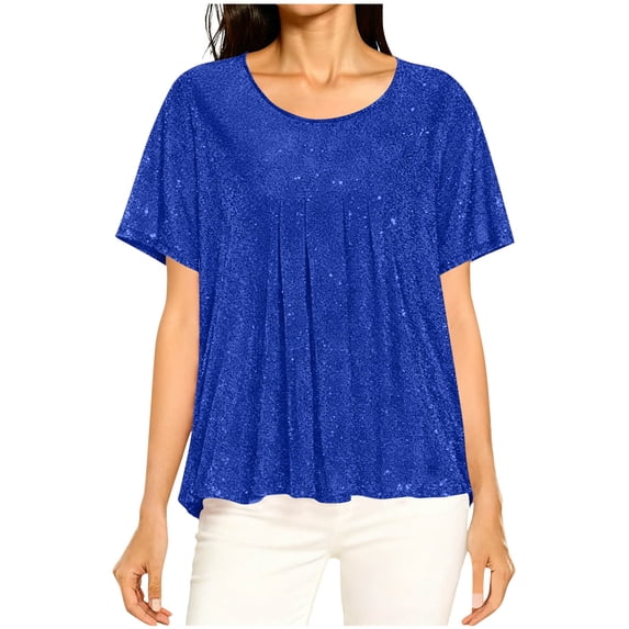 Summer Fashion Shirts for Womens Plus Size Sparkling Solid Color T-shirt Short Sleeved Shirt Round Neck Casual Top