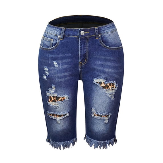 Summer Fashion Streetwear Tassel High Elastic Denim Shorts Capris Women Casual Hole Short Jeans Pants-Dark Blue Leopard-XL