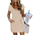 thumbnail image 1 of Summer Dresses for Womens 2025 Plus Size Fashion Solid Color V-neck Short Sleeve Draw Rope Elastic Waist Pocket Pullover Dress, 1 of 8