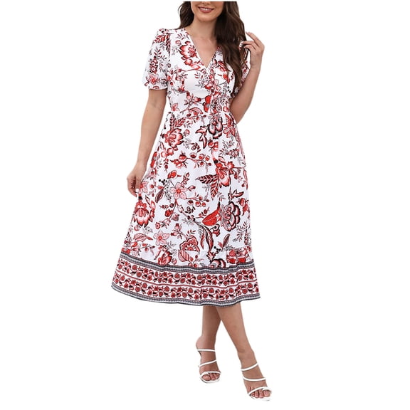 Summer Fashion Sun Dresses for Womens 2026 Plus Size Flower Printing V-neck Short Sleeves Close Up Waist Large Skirt Dress
