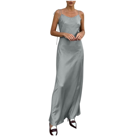 Summer Fashion Sun Dresses for Womens 2026 Plus Size Solid Color Satin Dress With Adjustable Straps And Low Back Detail