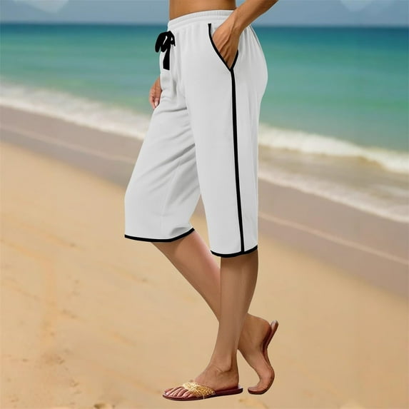 Summer Fashion Sweat Shorts For Women Solid Drawstring Elastic Waist Loose Ladies Workout Shorts Hiking Shorts With Pockets White∣S-2XL