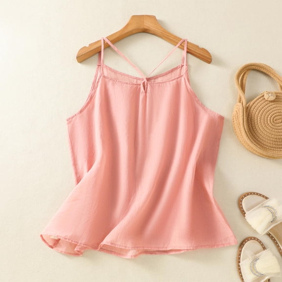 Summer Fashion Tank Tops For Women Loose Fit Solid Color Lace Patchworks And Linen Sleeveless Round-Neck Tank Tops Loose Fit M-2XL