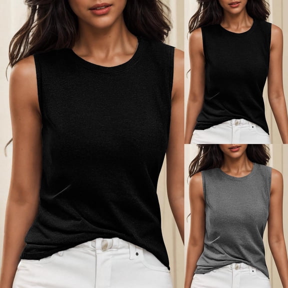 Summer Fashion Tank Tops For Women Loose Fit Solid Colors Round Neck Pullover Fitted Tank Tops — Black∣L