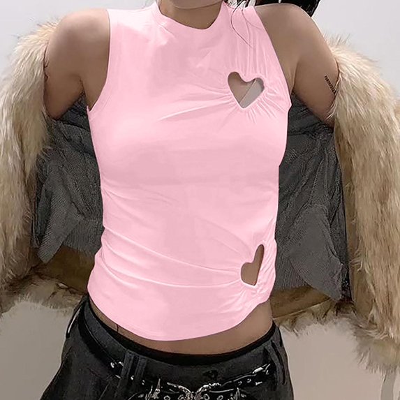 Summer Fashion Tank Tops For Women Loose Fit Solid-color Irregular Pleated Waist-cinching Heart-shaped Hollowed-out Round-neck Upper Garment Fitted Tank Tops S-L