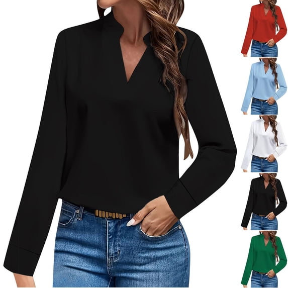 Summer Fashion Tops For Women Casual Solid Color Long Sleeve V-neck Black Blouse Casual Work Pullover Tops S-2XL