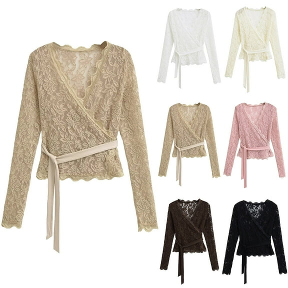 Summer Fashion Tops For Women Casual Solid Color Sexy Lace Long Sleeve Bandage Top V Neck Pullover Shirts Casual Blouses Gold S