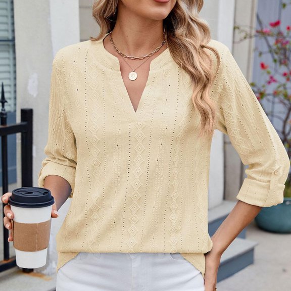 Summer Fashion Tops For Women Casual Solid Color V-Neck 3/4 Sleeve Button Loose Beige Beach Casual Shirt S-2XL