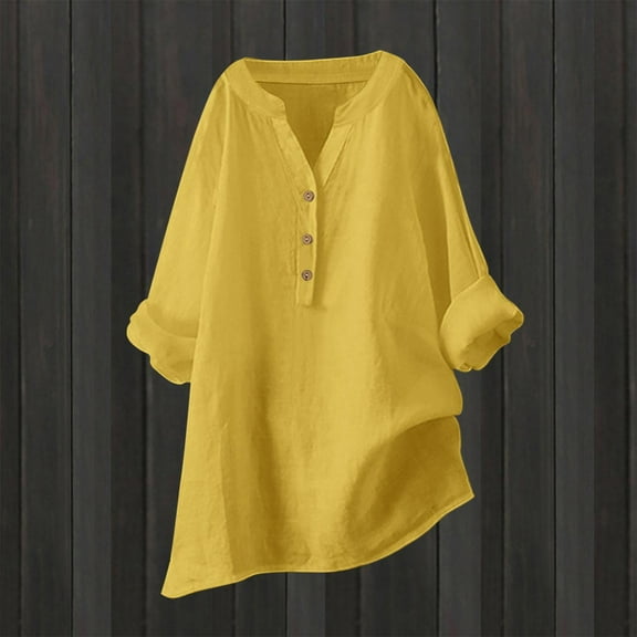 Summer Fashion Tops For Women Solid Color Button V-neck Casual Long Sleeved Fresh Classic Tshirts Yellow XL
