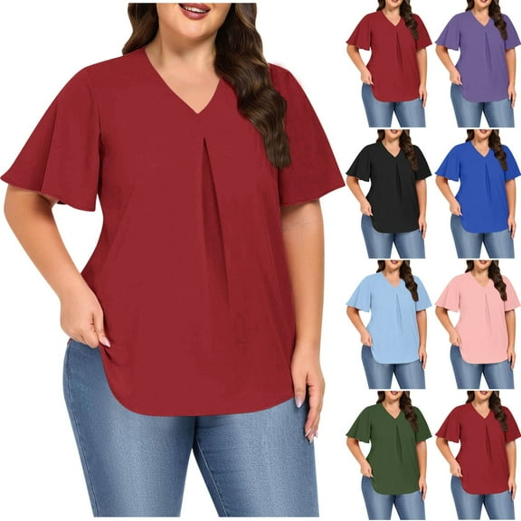 Summer Fashion Tops for Womens 2025 Plus Size Casual Solid V Neck Loose Short Sleeve T-shirt Top Blouses
