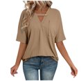 thumbnail image 1 of Summer Fashion Tops for Womens 2025 Plus Size Solid Color V-Neck Pocket Button Loose Short Sleeve Shirts Top Blouse, 1 of 7