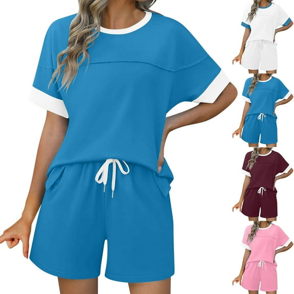 Summer Fashion Two Piece Sets for Women Dressy Plus Size Casual Short Sleeved Round Neck Top And Drawstring Shorts Color Blocked Set